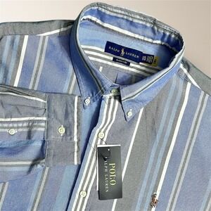 Ralph Lauren XXL Blue Gray Stripe Classic Fit Button Down Cotton Shirt NWT